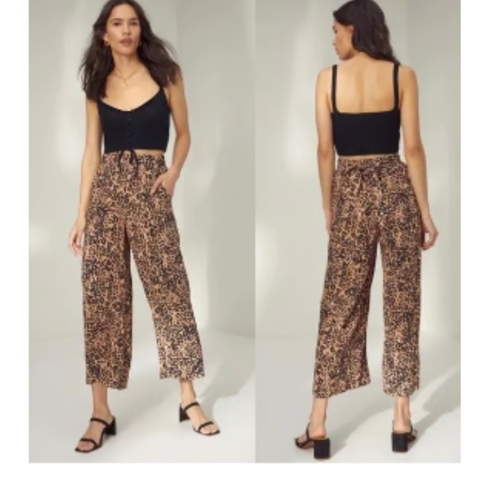 Wilfred Aritzia Leopard Print Wide Leg Cropped Pants Brown Black Size M 71674